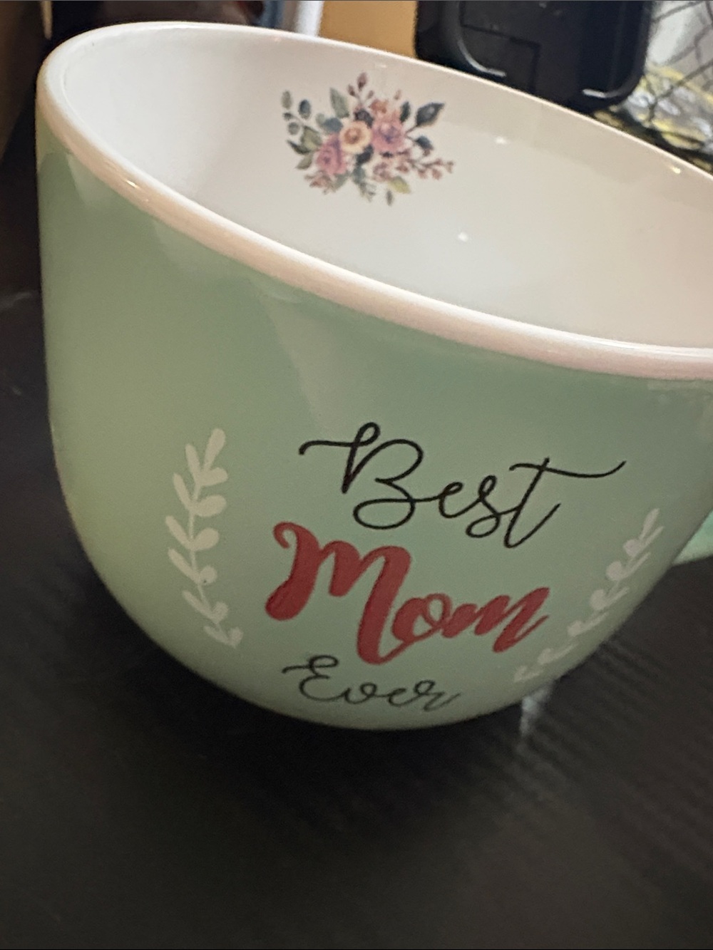 20 Oz Mint 'Best Mom Ever' Ceramic Mug with Floral Accent